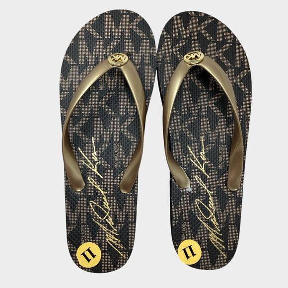Michael Kors Jet Set Womens 11 Brown Flip Flops Gold Sandals Beach PVC Signature - Picture 1 of 12